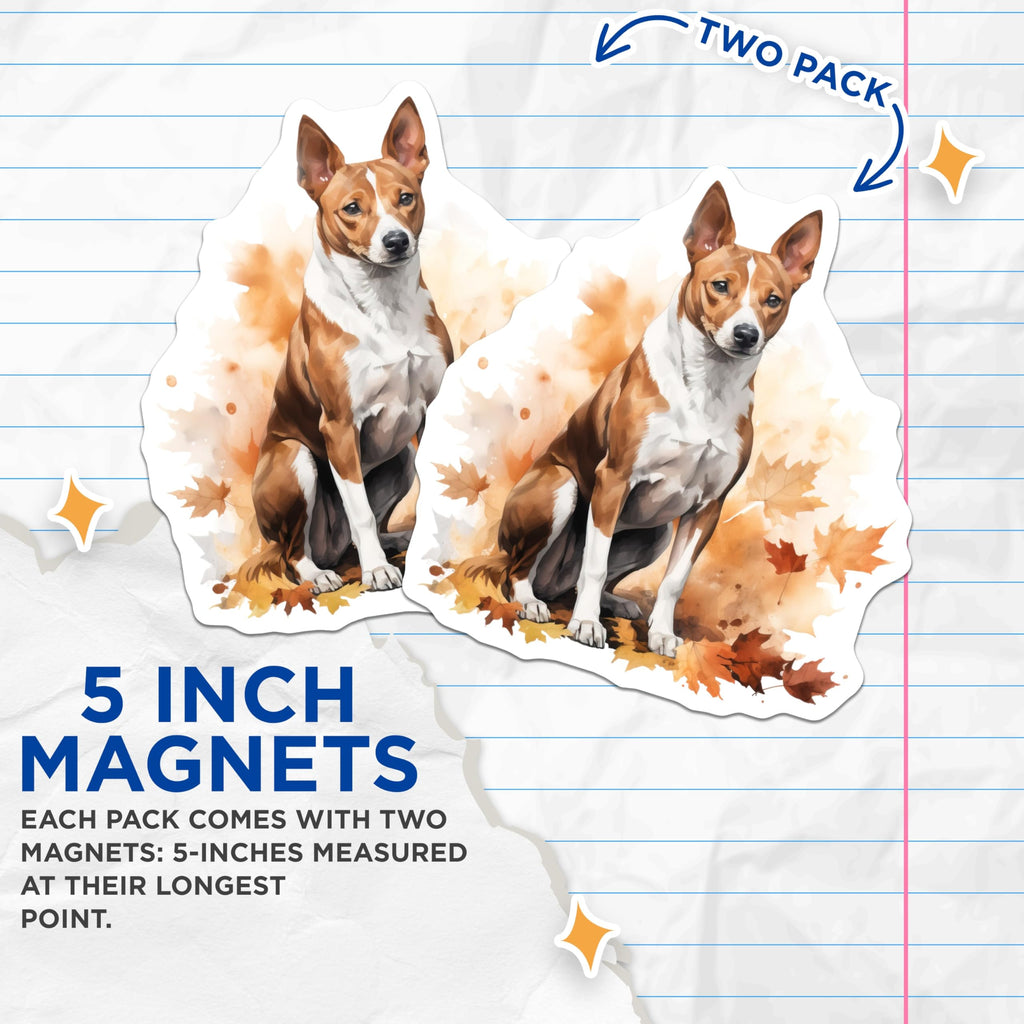 (2 Pack) Basenji Dog Magnets - Watercolor Fall Leaves - Autumn Canine Art Decor - 5 Inches On Longest Side - Thick Durable Magnet - Made in USA - MAG25468