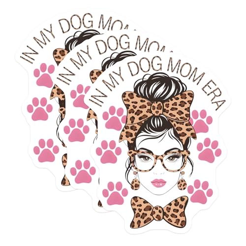 (3 Pack) Dog Mom Era Decals - Messy Bun - Leopard Print- 3 Inches On Longest Side - Easy Peel & Apply - Made in USA - 3MCS5955