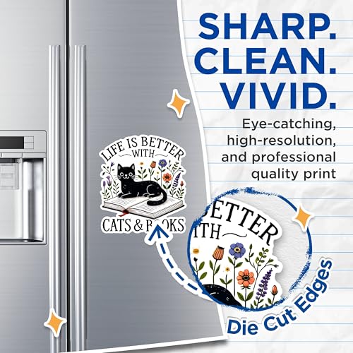 (2 Pack) Life is Better with Cats and Books Magnets - Cute Cat Magnets - Book Lover Home Decor Magnets- 5" On Longest Side - for Fridges, Toolboxes, Cars - Made in USA - MAG2795