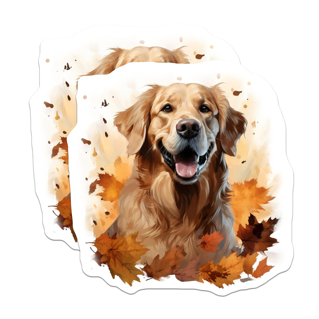 (2 Pack) Golden Retriever Magnets - Happy Autumn Dog Fridge Decor - Fall Leaves Pet Art - Retriever Puppy Kitchen Magnets - 5 Inches On Longest Side - Thick Durable Magnet - Made in USA - MAG24676