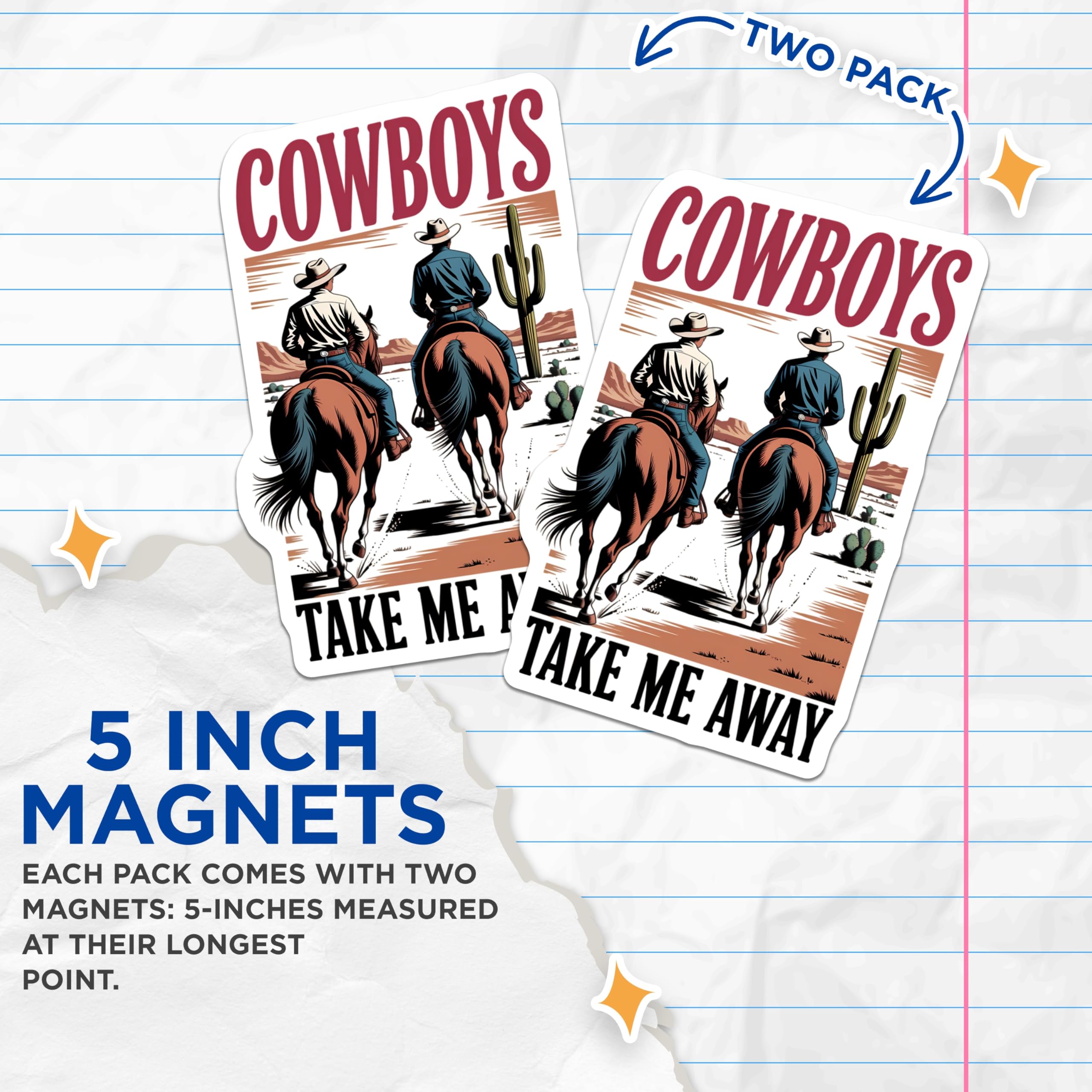 (2 Pack) Cowboys Magnets - Western Horse Riding Art Decor - Take Me Away Desert Scene - Rustic Ranch Life Home Accent - 5 Inches On Longest Side - Thick Durable Magnet - Made in USA - MAG21325