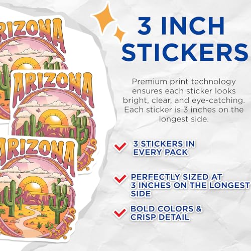 (3 Pack) Arizona Decals - Desert Landscape Sticker - Laptop Water Bottle - 3 Inches On Longest Side - Easy Peel & Apply - Made in USA - 3MCS8346