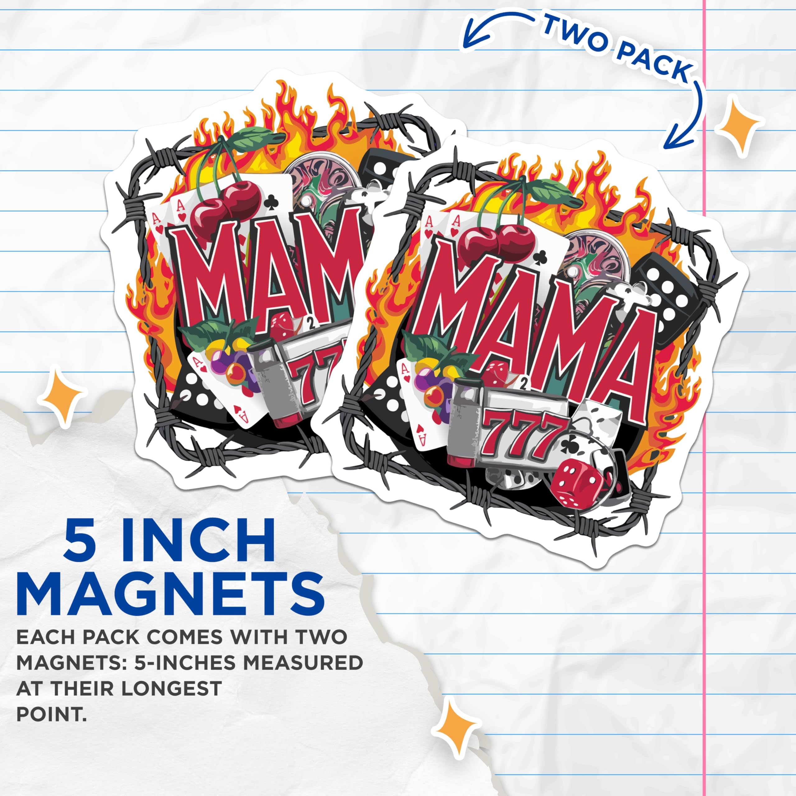 (2 Pack) Gambler Mama Magnets - Barbed Wire Flames Motif - Lucky Casino Dice Slot Machine Poker Cards 777 Aces Game - 5 Inches On Longest Side - Thick Durable Magnet - Made in USA - MAG21486