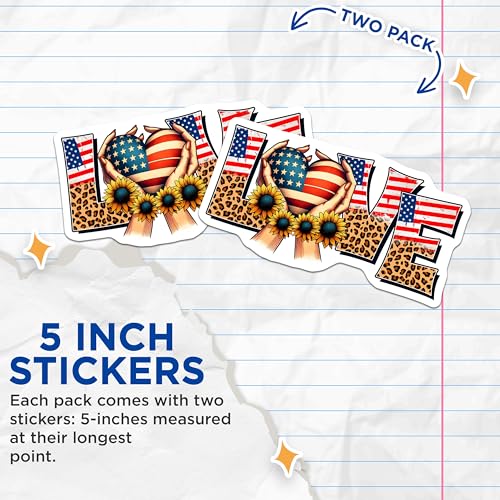 (2 Pack) Patriotic Love Stickers - USA Flag Heart - Sunflower Leopard Print - 5" On Longest Side - Sticks to Smooth Flat Surfaces - Made in USA - BMCS9661