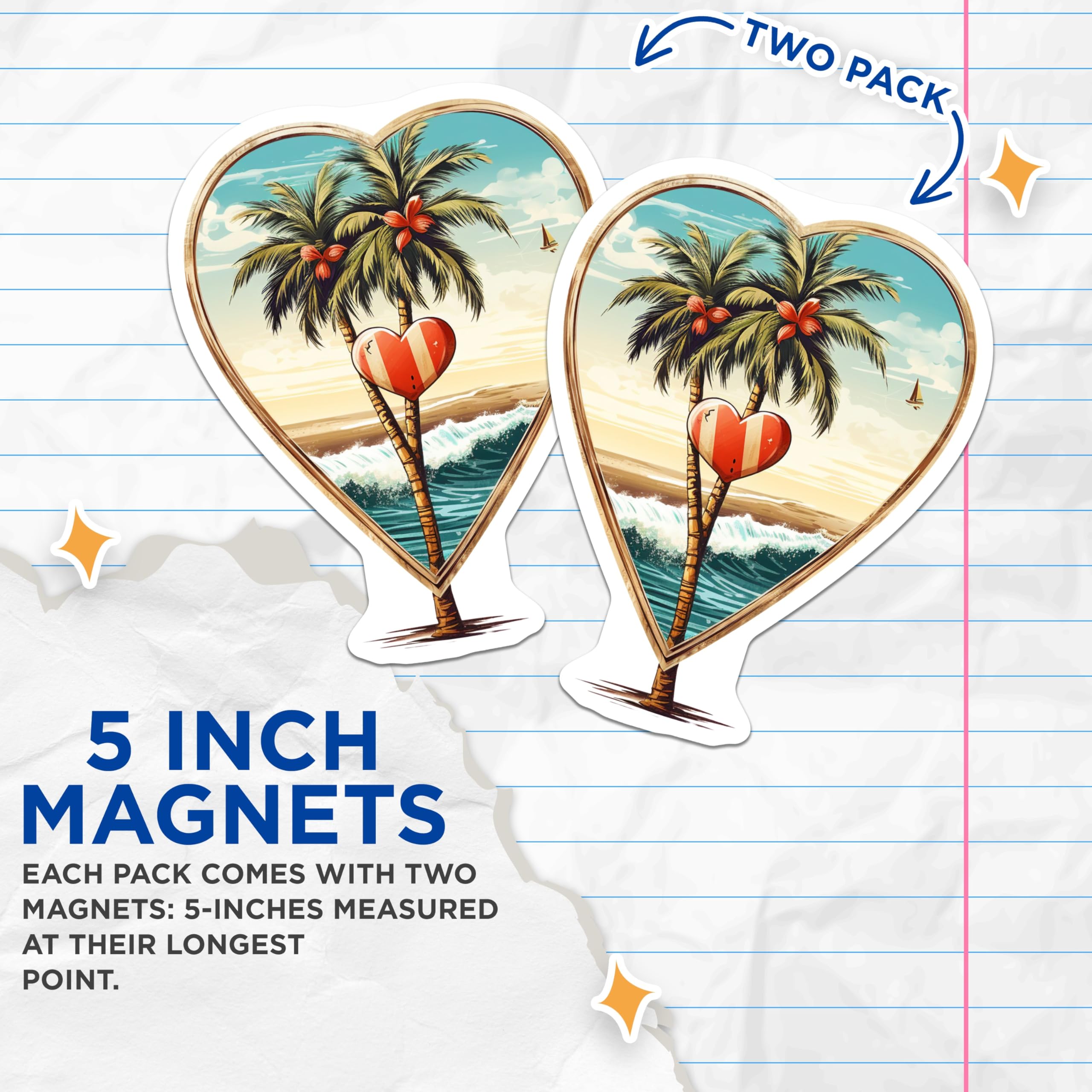 (2 Pack) Tropical Beach Magnets - Palm Tree Ocean Waves Art - Coastal Heart Frame Design - Summer Vacation Fridge Decor - 5 Inches On Longest Side - Thick Durable Magnet - Made in USA - MAG20068