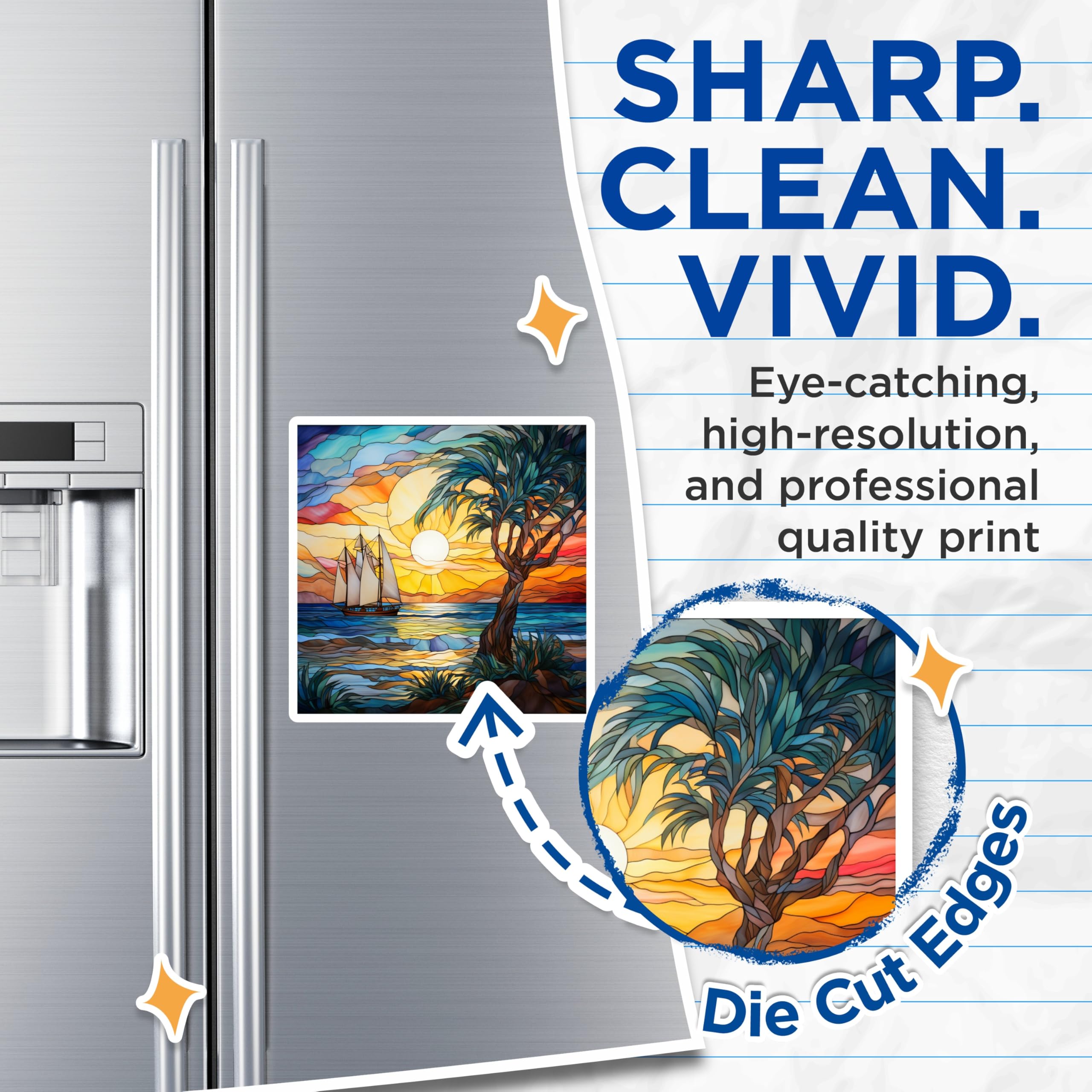 (2 Pack) Stained Glass Ocean Magnets - Tropical Sunset Decor - Sailboat Kitchen Art - 5 Inches On Longest Side - Thick Durable Magnet - Made in USA - MAG25678