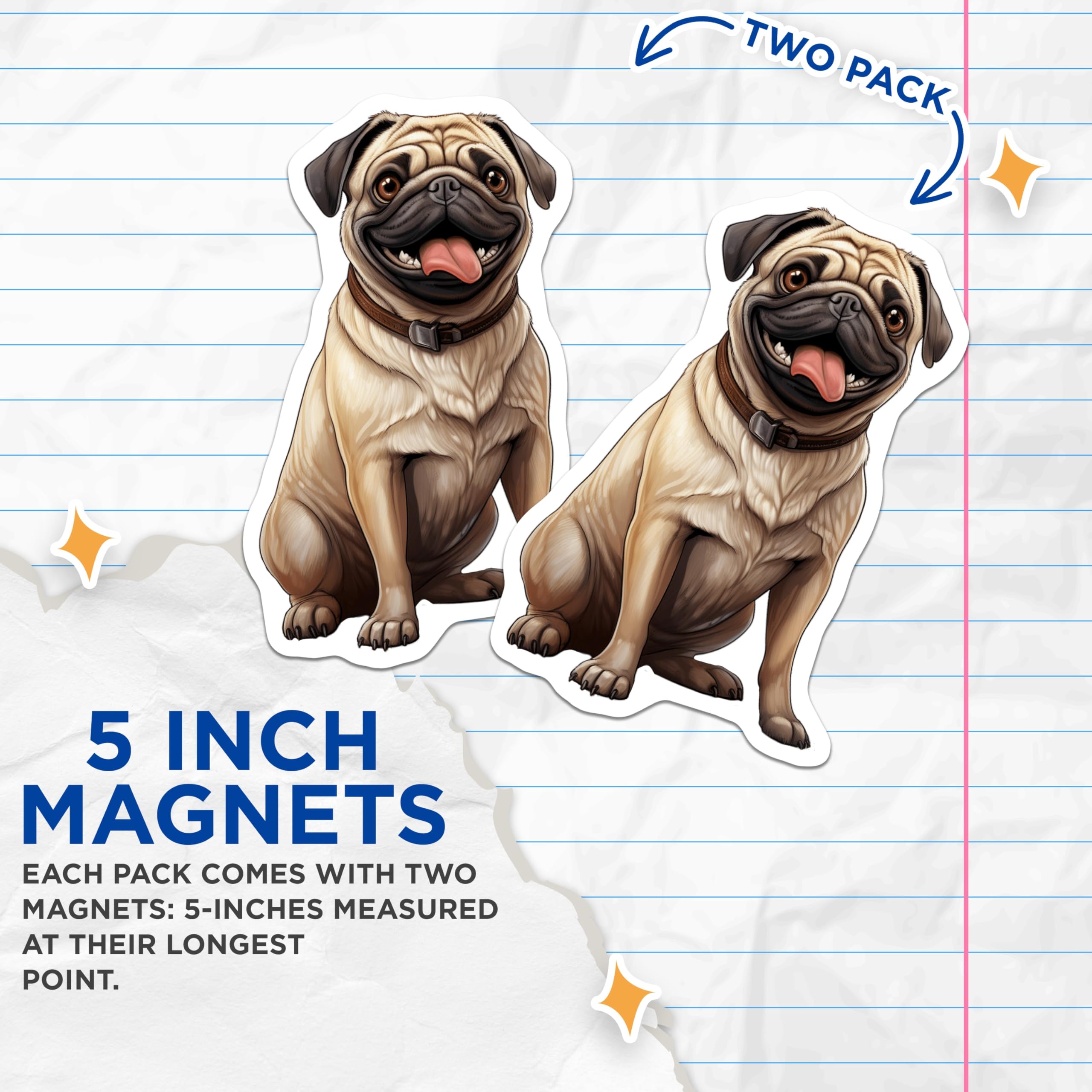 (2 Pack) Cheerful Pug Magnets - Lovable Dog Breed Artwork - Funny Animal Decor for Refrigerator Locker Kitchen Office - 5 Inches On Longest Side - Thick Durable Magnet - Made in USA - MAG24005
