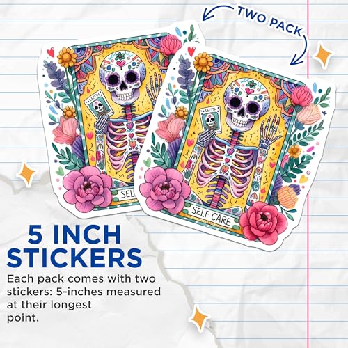 (2 Pack) Self Care Skeleton Stickers - Floral Skeleton Art - Inspirational Skeleton Decal - 5" On Longest Side - Sticks to Smooth Flat Surfaces - Made in USA - BMCS9402