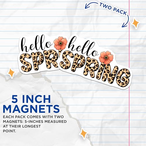 (2 Pack) Hello Spring Magnets - Floral Spring Decorations - 5" On Longest Side - for Cars, Fridges, Toolboxes - Made in USA - MAG8008