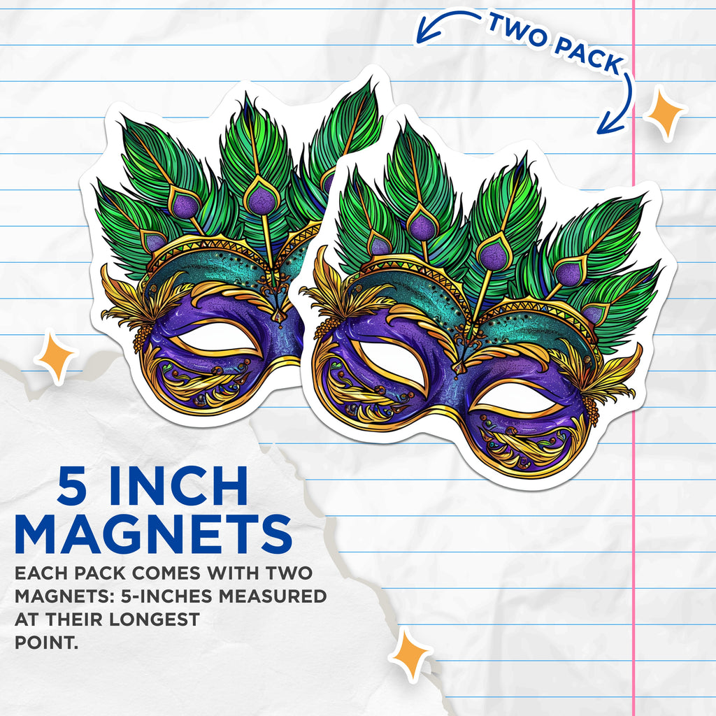 (2 Pack) Mardi Gras Mask Magnets - Masquerade Party Decor - Carnival Festival Art - New Orleans Fridge Accent - Celebration Souvenir - 5" - Thick Durable Magnet - Made in USA - MAG39023