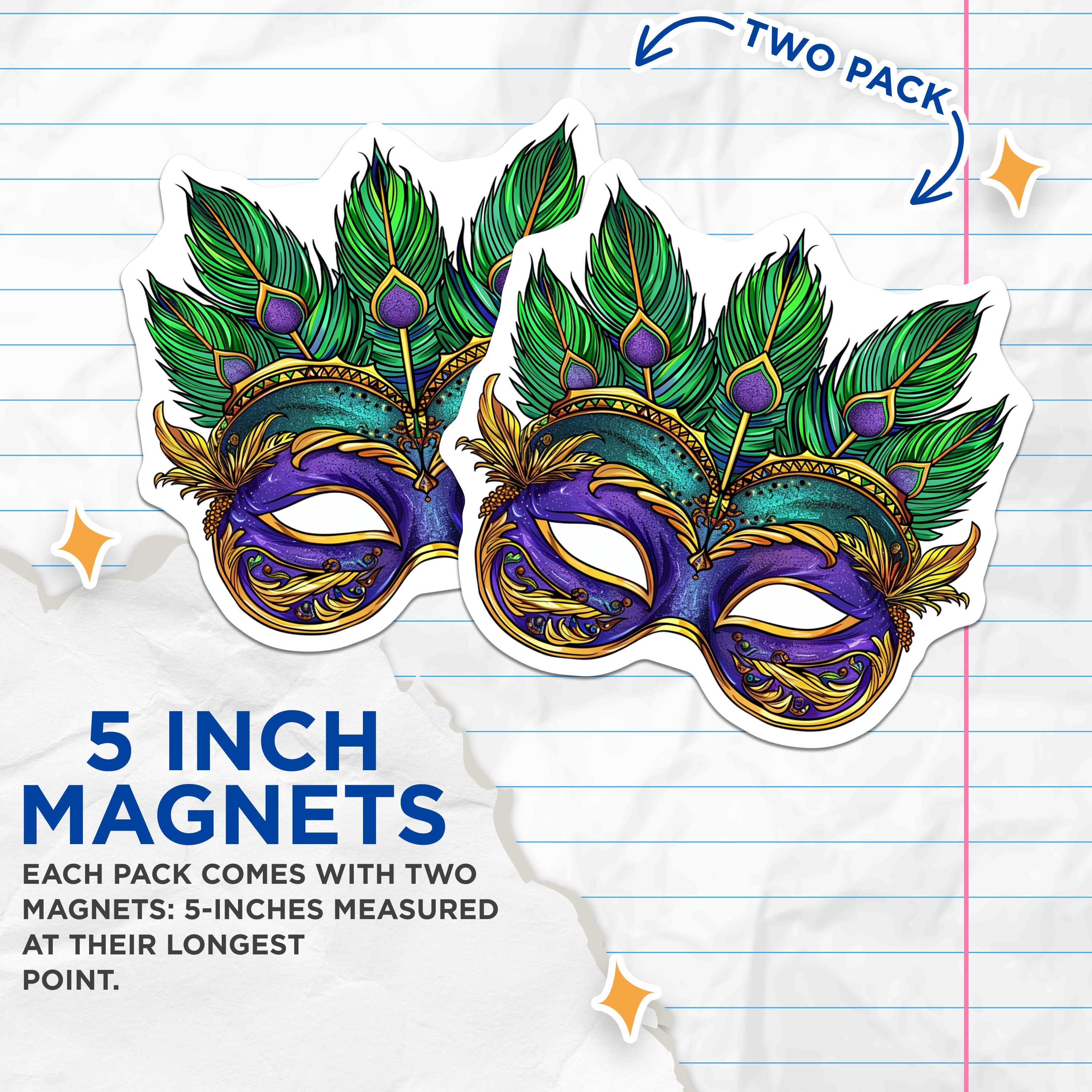(2 Pack) Mardi Gras Mask Magnets - Masquerade Party Decor - Carnival Festival Art - New Orleans Fridge Accent - Celebration Souvenir - 5" - Thick Durable Magnet - Made in USA - MAG39023