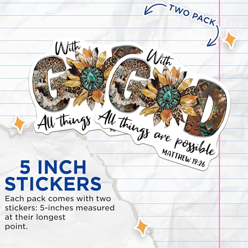 (2 Pack) God Stickers - Faith-Based Stickers - Inspirational Stickers with Quote - 5" On Longest Side - Sticks to Smooth Flat Surfaces - Made in USA - BMCS6188