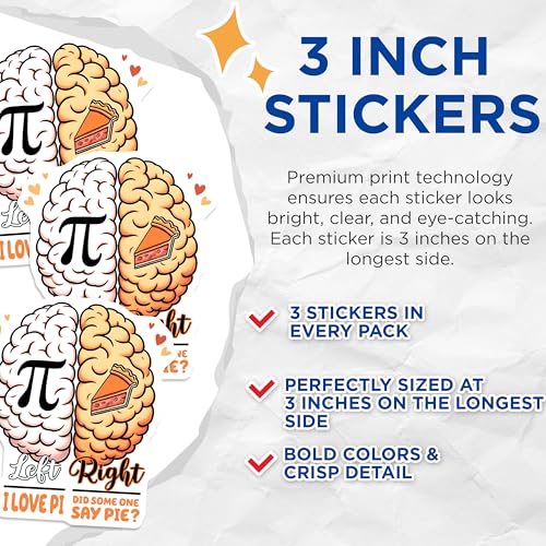 (3 Pack) I Love Pi Decals - Left Right Brain - Pie Lover Decal - 3 Inches On Longest Side - Easy Peel & Apply - Made in USA - 3MCS6927