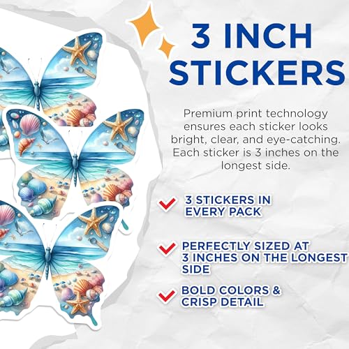 (3 Pack) Butterfly Beach Decals - Seashell Starfish Art - Summer Laptop Stickers- 3 Inches On Longest Side - Easy Peel & Apply - Made in USA - 3MCS5840