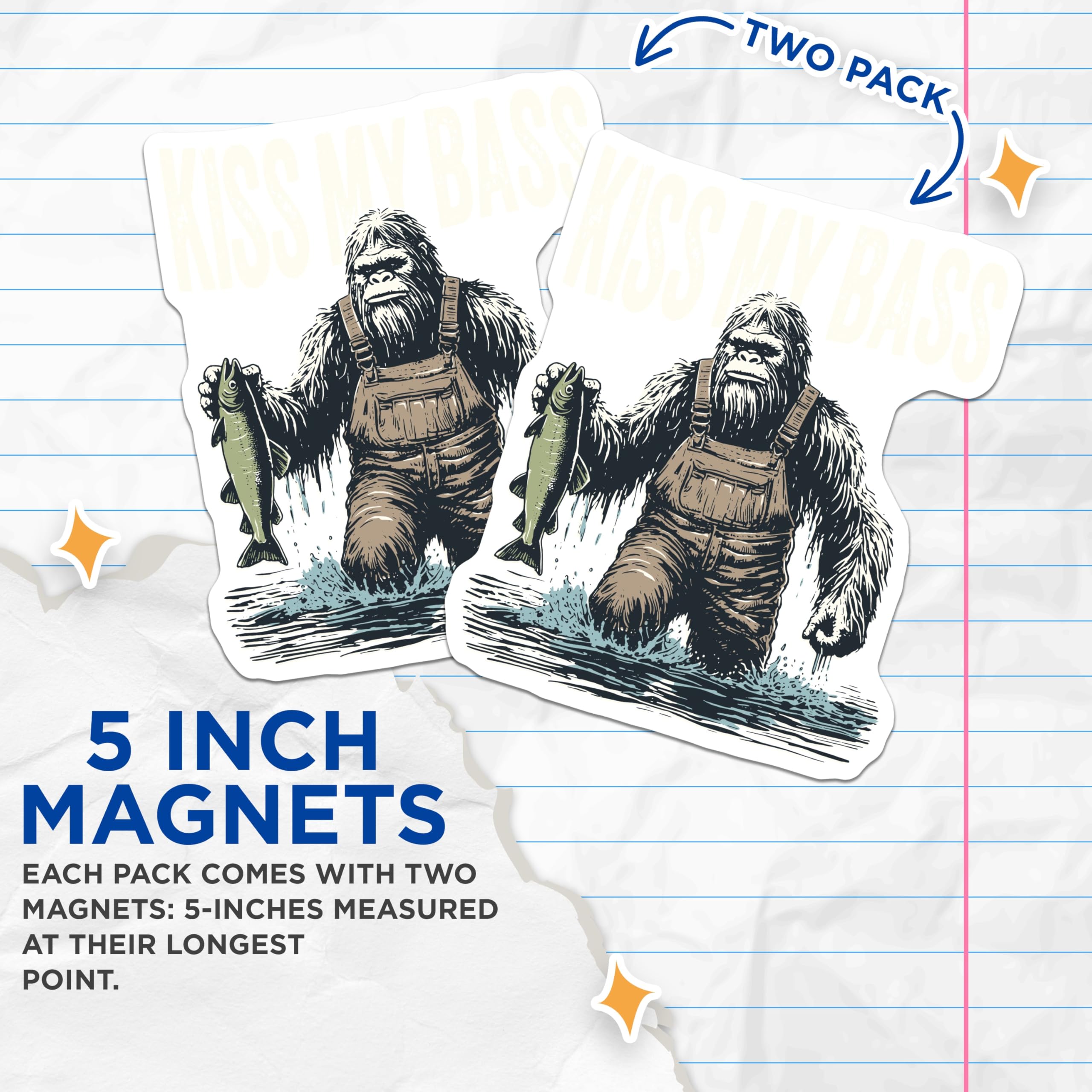 (2 Pack) Bigfoot Fishing Magnets - Funny Sasquatch Angler - Kiss My Bass Humor for Fishermen - 5 Inches On Longest Side - Thick Durable Magnet - Made in USA - MAG20897