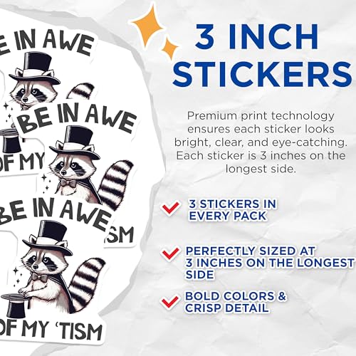(3 Pack) Raccoon Magician Decals - Funny Animal Stickers - Laptop Decals - 3 Inches On Longest Side - Easy Peel & Apply - Made in USA - 3MCS4727