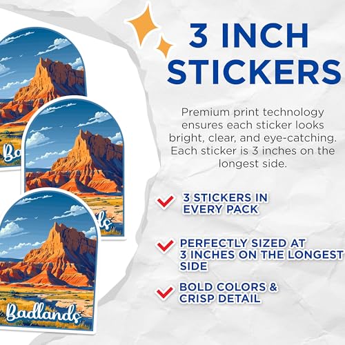 (3 Pack) Badlands National Park Decals - South Dakota Art - Landscape Decal - 3 Inches On Longest Side - Easy Peel & Apply - Made in USA - 3MCS0395