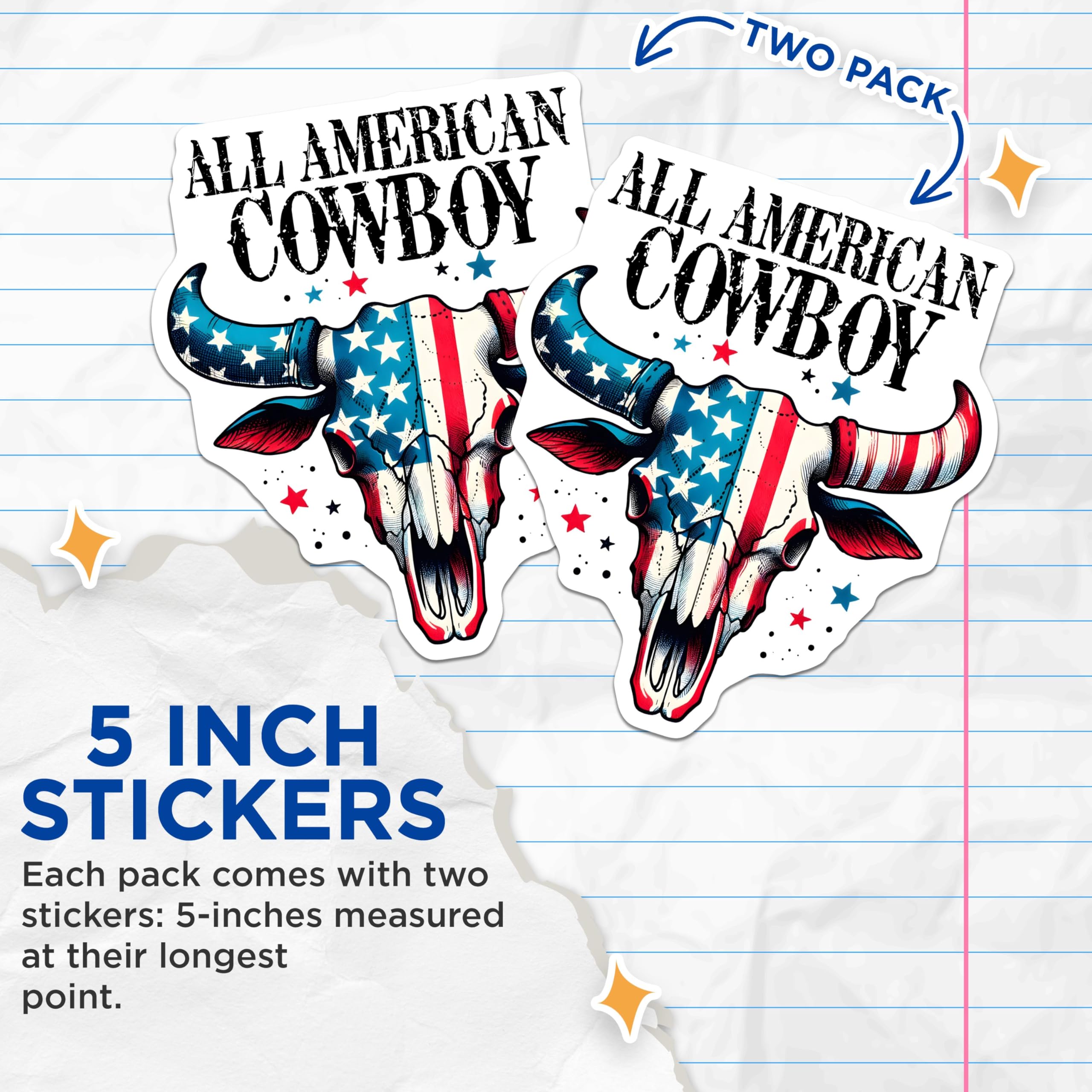 (2 Pack) All American Cowboy Stickers - Patriotic Bull Skull Stickers - Western Themed Decal - 5" On Longest Side - Sticks to Any Smooth Flat Surface - Made in USA - BMCS3160