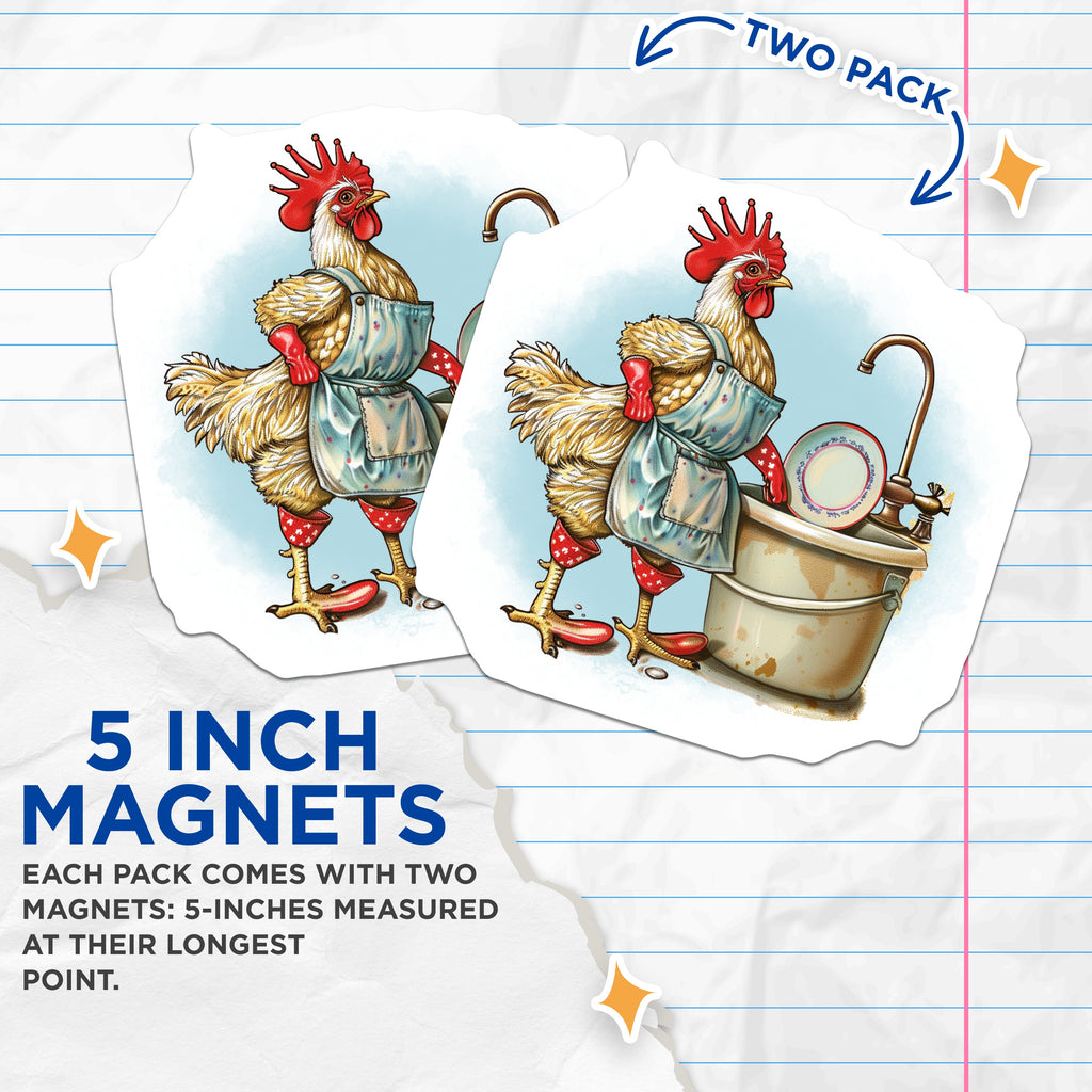(2 Pack) Funny Chicken Magnets - Dish Washing Rooster - Farmhouse Kitchen Decor - 5 Inches On Longest Side - Thick Durable Magnet - Made in USA - MAG36274
