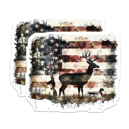 (2 Pack) Hunting Stickers - American Flag Deer - Rifle Duck Hunting Decals - 5" On Longest Side - Sticks to Smooth Flat Surfaces - Made in USA - BMCS6954