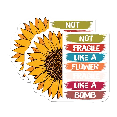 (2 Pack) Not Fragile Like A Flower Stickers - Sunflower Stickers - Motivational Quote Stickers - 5" On Longest Side - Sticks to Smooth Flat Surfaces - Made in USA - BMCS4702