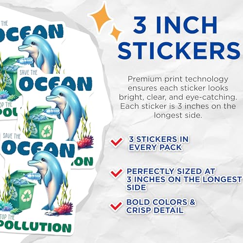 (3 Pack) Ocean Conservation Decals - Dolphin Recycling Sticker - Save Ocean Pollution Decal - 3 Inches On Longest Side - Easy Peel & Apply - Made in USA - 3MCS6723