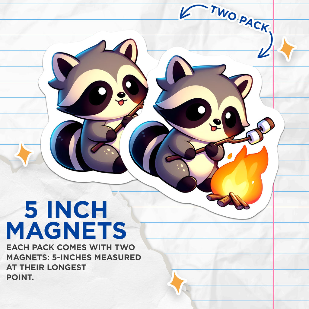 (2 Pack) Cute Raccoon Roasting Marshmallow Magnets - Cozy Campfire Animal - Woodland Critter Decor - Outdoor Adventure Fridge Magnet - 5" - Durable Magnet - Made in USA - MAG38356