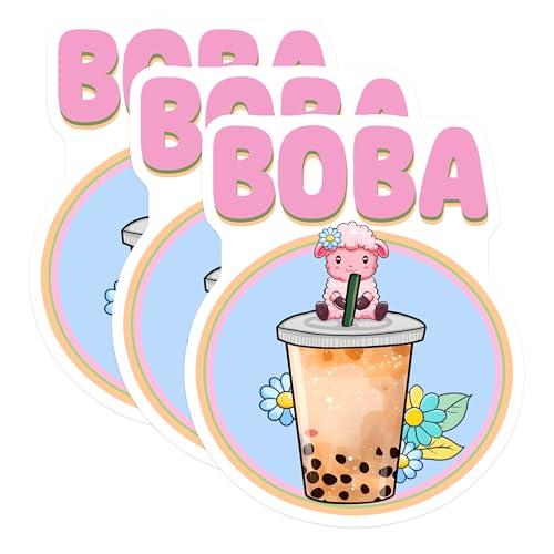 (3 Pack) Boba Sheep Decals - Cute Animal Sticker - Bubble Tea Laptop Decal - 3 Inches On Longest Side - Easy Peel & Apply - Made in USA - 3MCS6509
