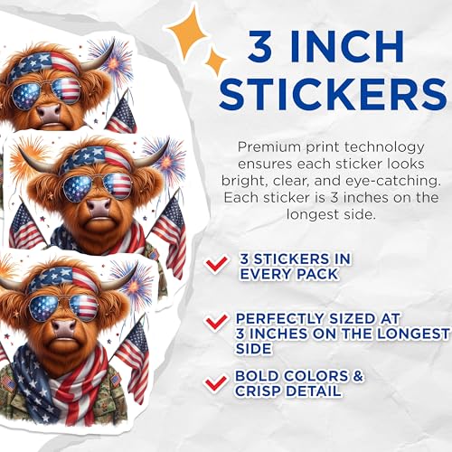 (3 Pack) Patriotic Highland Cow Decals - American Flag - Fourth of July- 3 Inches On Longest Side - Easy Peel & Apply - Made in USA - 3MCS5101