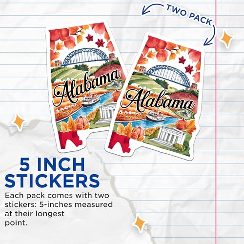 (2 Pack) Alabama State Stickers - Travel Souvenirs - Unique City Landmarks - 5" On Longest Side - Sticks to Smooth Flat Surfaces - Made in USA - BMCS6284