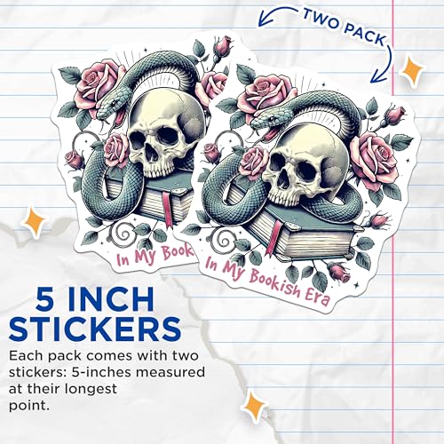 (2 Pack) Bookish Era Stickers - Skull and Snake - Romantic Goth Aesthetic - Floral Art - Skull and Roses Decor - 5" On Longest Side - Sticks to Smooth Flat Surfaces - Made in USA - BMCS6705