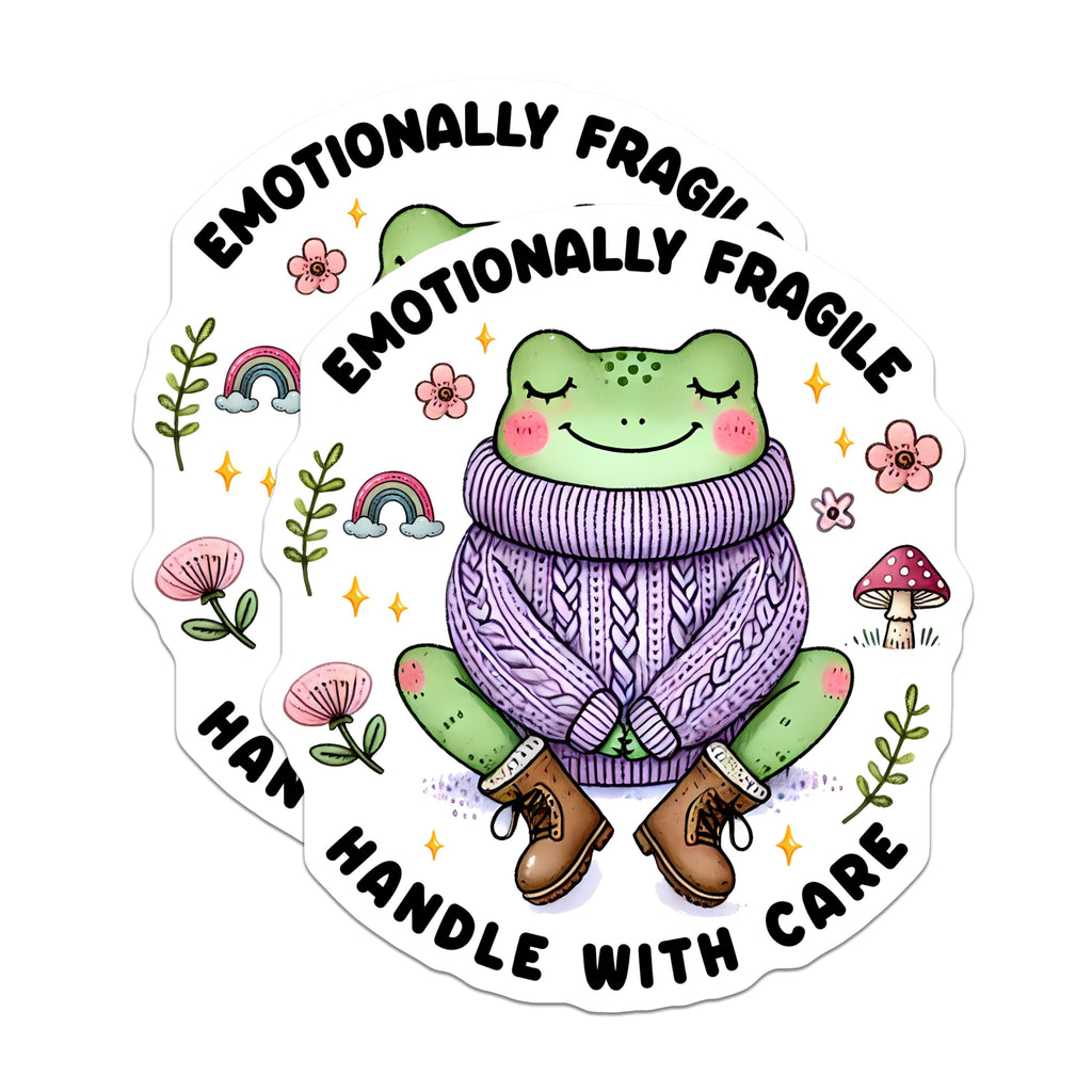(2 Pack) Emotionally Fragile Stickers - Cute Frog Sticker - Handle with Care - Self Care Decal - 5" On Longest Side - Sticks to Smooth Flat Surfaces - Made in USA - BMCS3719
