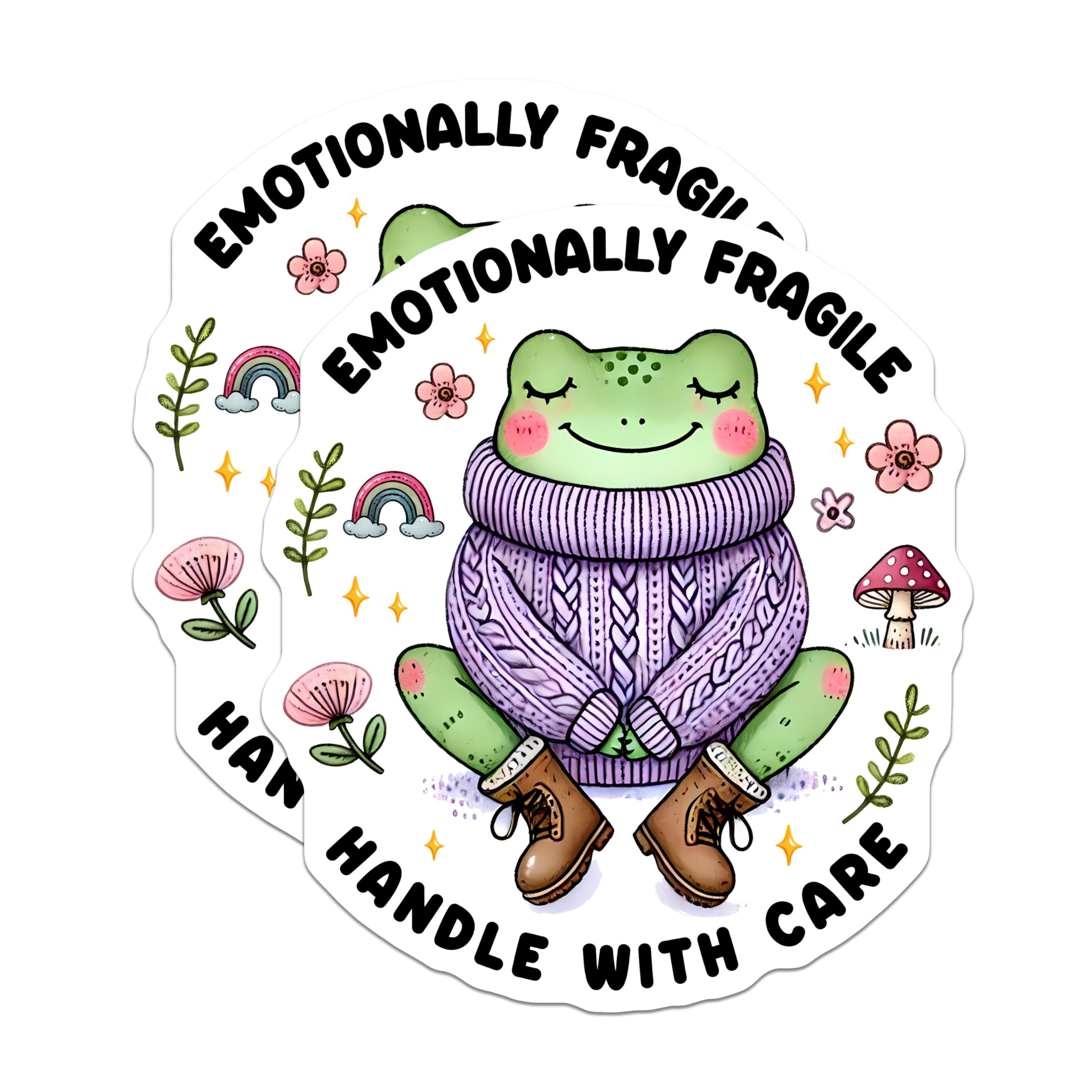 (2 Pack) Emotionally Fragile Stickers - Cute Frog Sticker - Handle with Care - Self Care Decal - 5" On Longest Side - Sticks to Smooth Flat Surfaces - Made in USA - BMCS3719