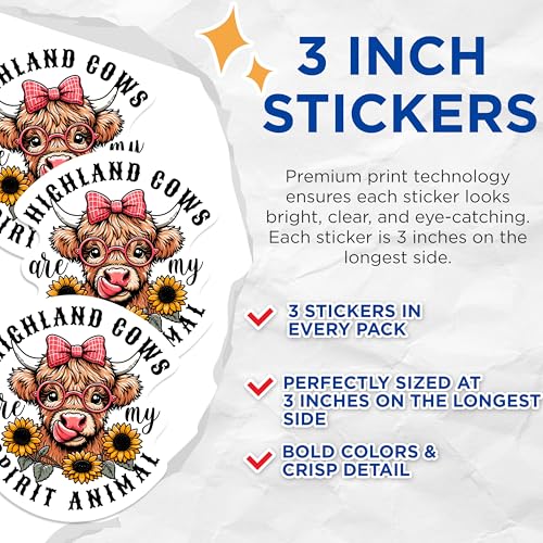 (3 Pack) Highland Cow Decals - Spirit Animal Stickers - Cute Laptop Decal - 3 Inches On Longest Side - Easy Peel & Apply - Made in USA - 3MCS1204
