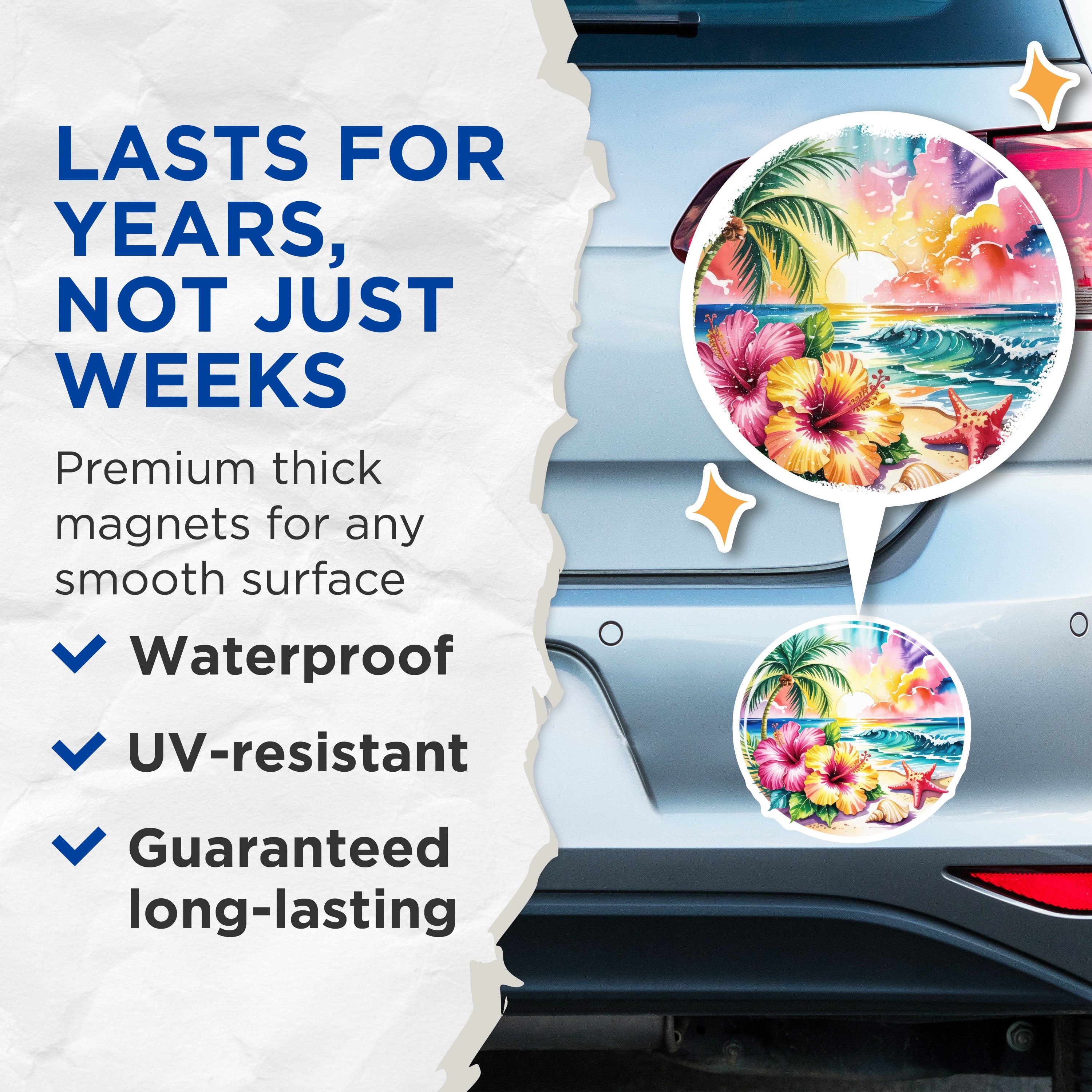(2 Pack) Tropical Beach Magnets - Watercolor Ocean Scene - Hibiscus Palm Tree Decor - 5 Inches On Longest Side - Thick Durable Magnet - Made in USA - MAG37771