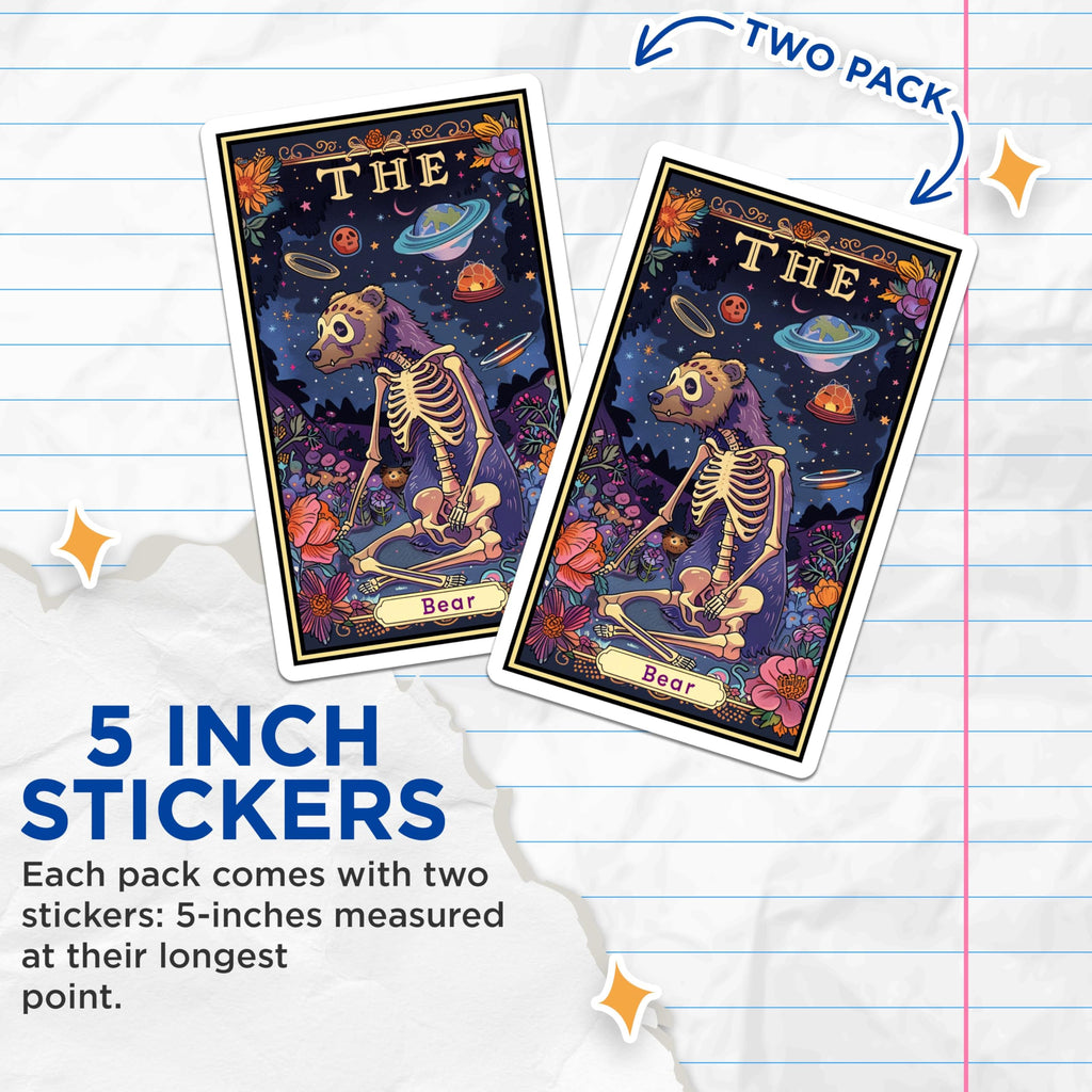 (2 Pack) Skeleton Bear Tarot Stickers - Mystical Bear Skeleton Stickers - Unique Tarot Card Bear Stickers - 5" On Longest Side - Sticks to Smooth Flat Surfaces - Made in USA - BMCS3708