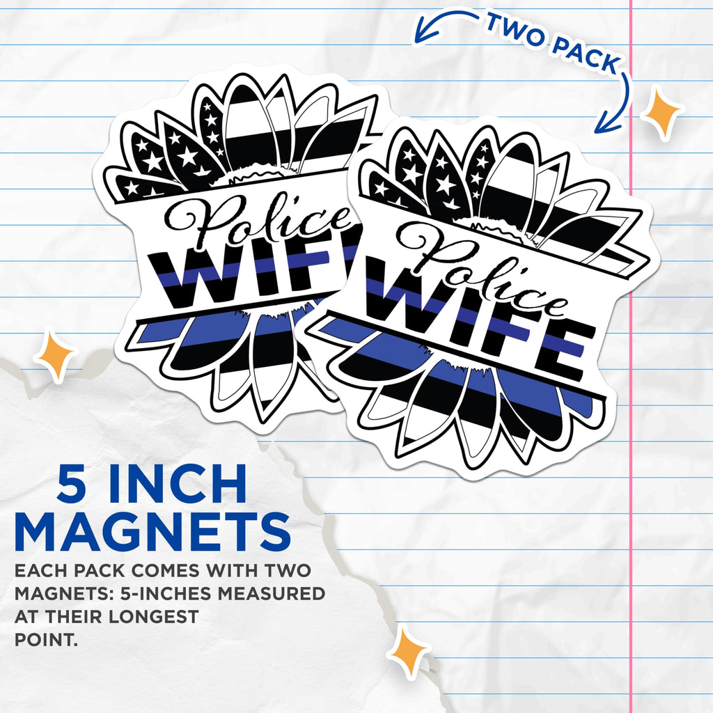 (2 Pack) Police Wife Magnets - Thin Blue Line American Flag Sunflower - Law Enforcement Officer Spouse Support Decor - 5 Inches On Longest Side - Thick Durable Magnet - Made in USA - MAG22337