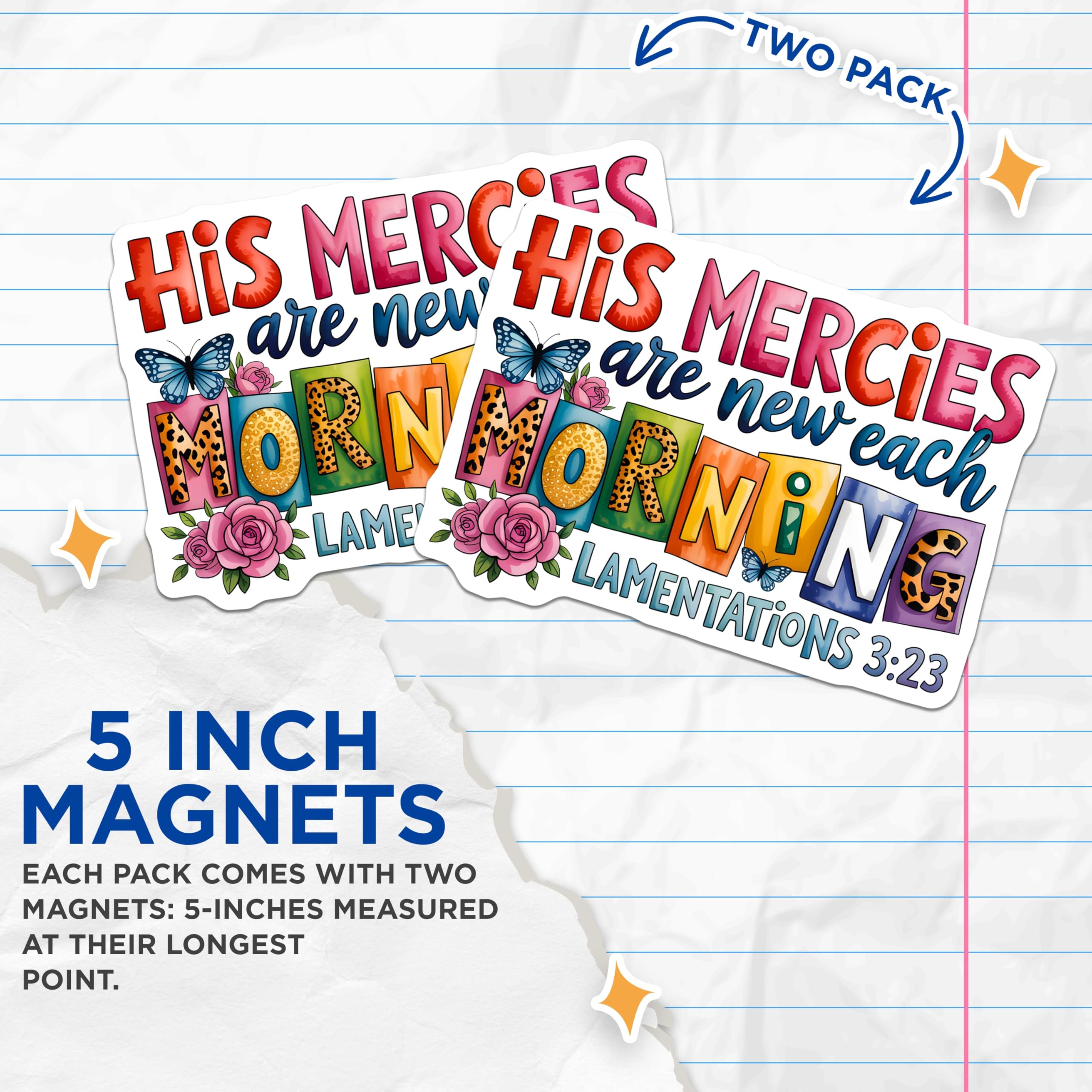 (2 Pack) His Mercies New Morning Magnets - Bible Verse Decor - Religious Magnets for Fridge - 5" On Longest Side - Premium Magnet - for Cars, Refrigerators, Toolboxes, Lockers - Made in USA - MAG14718