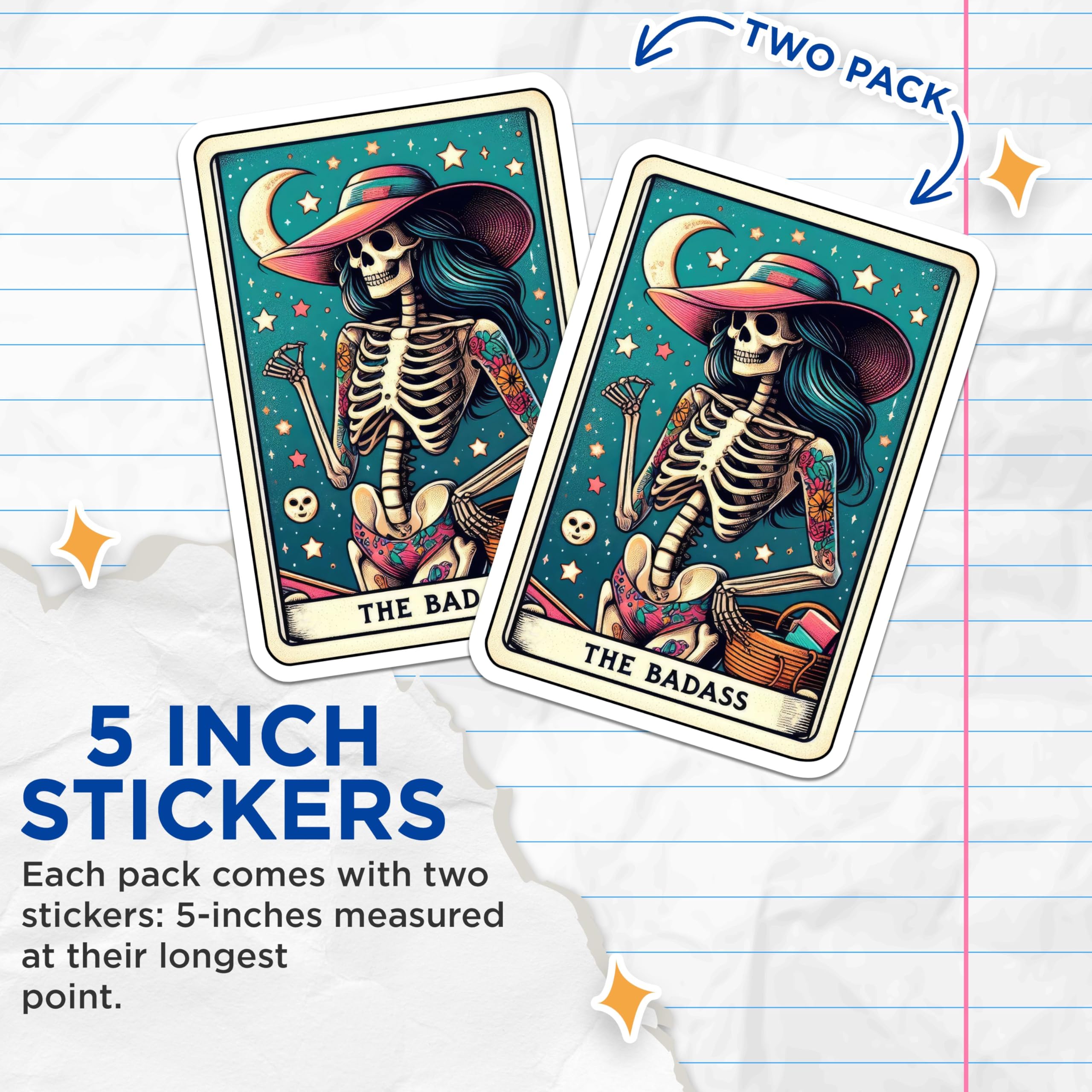(2 Pack) The Badass Stickers - Skeleton Art - Tarot Card Design - 5" On Longest Side - Sticks to Smooth Flat Surfaces - Made in USA - BMCS5351
