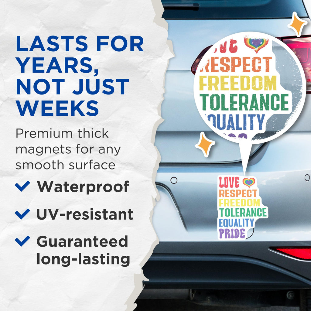 (2 Pack) Love Respect Freedom Magnets - Tolerance Equality Pride - LGBTQ+ Support Stickers - Rainbow Inspirational - 5" On Longest Side - for Cars, Fridges, Toolboxes - Made in USA - MAG4133