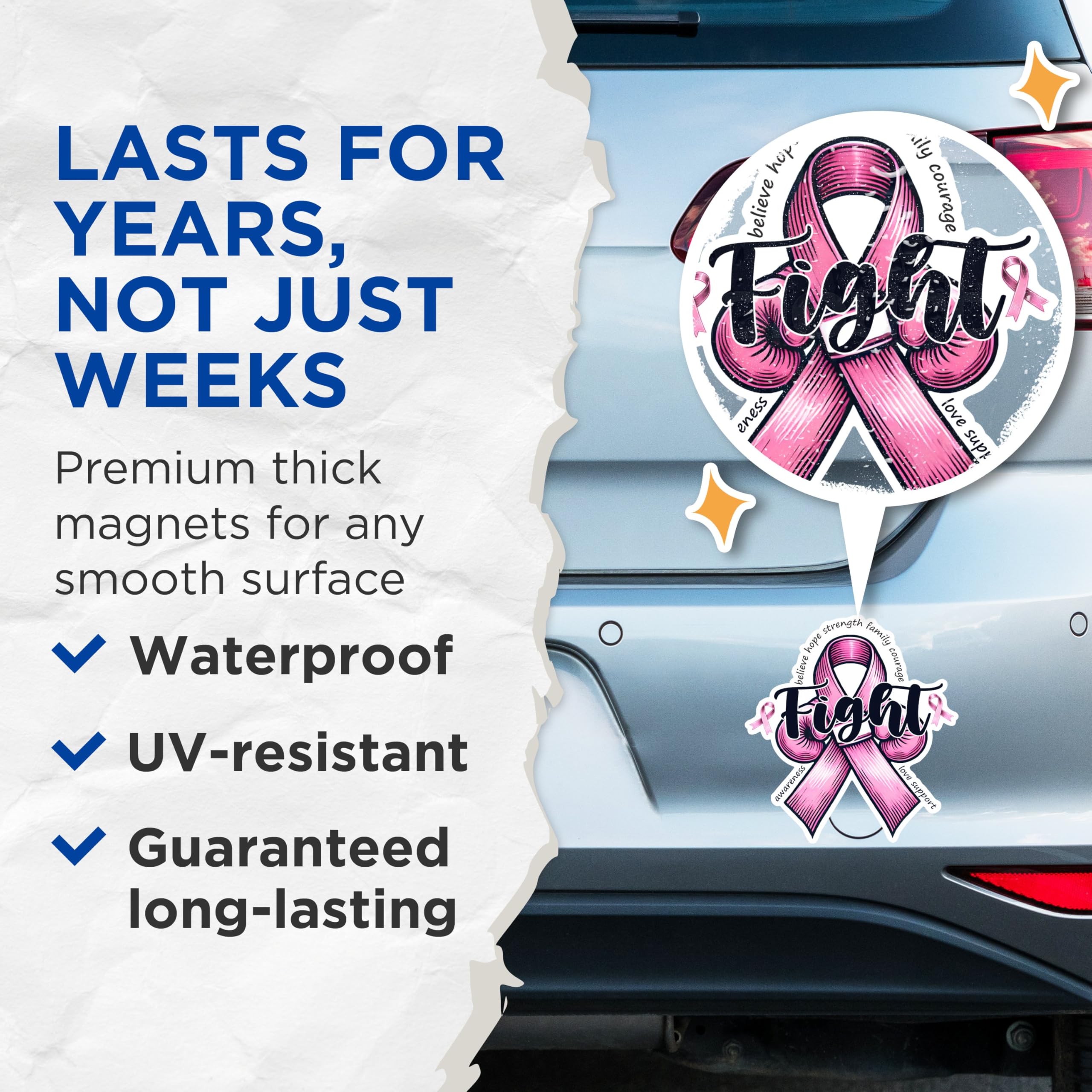 (2 Packs) Fight Pink Ribbon Breast Cancer Awareness Support Magnets - Pink Breast Cancer Magnets - 5" On Longest Side - Premium - for Fridges, Toolboxes, Cars - Made in USA - MAG2437