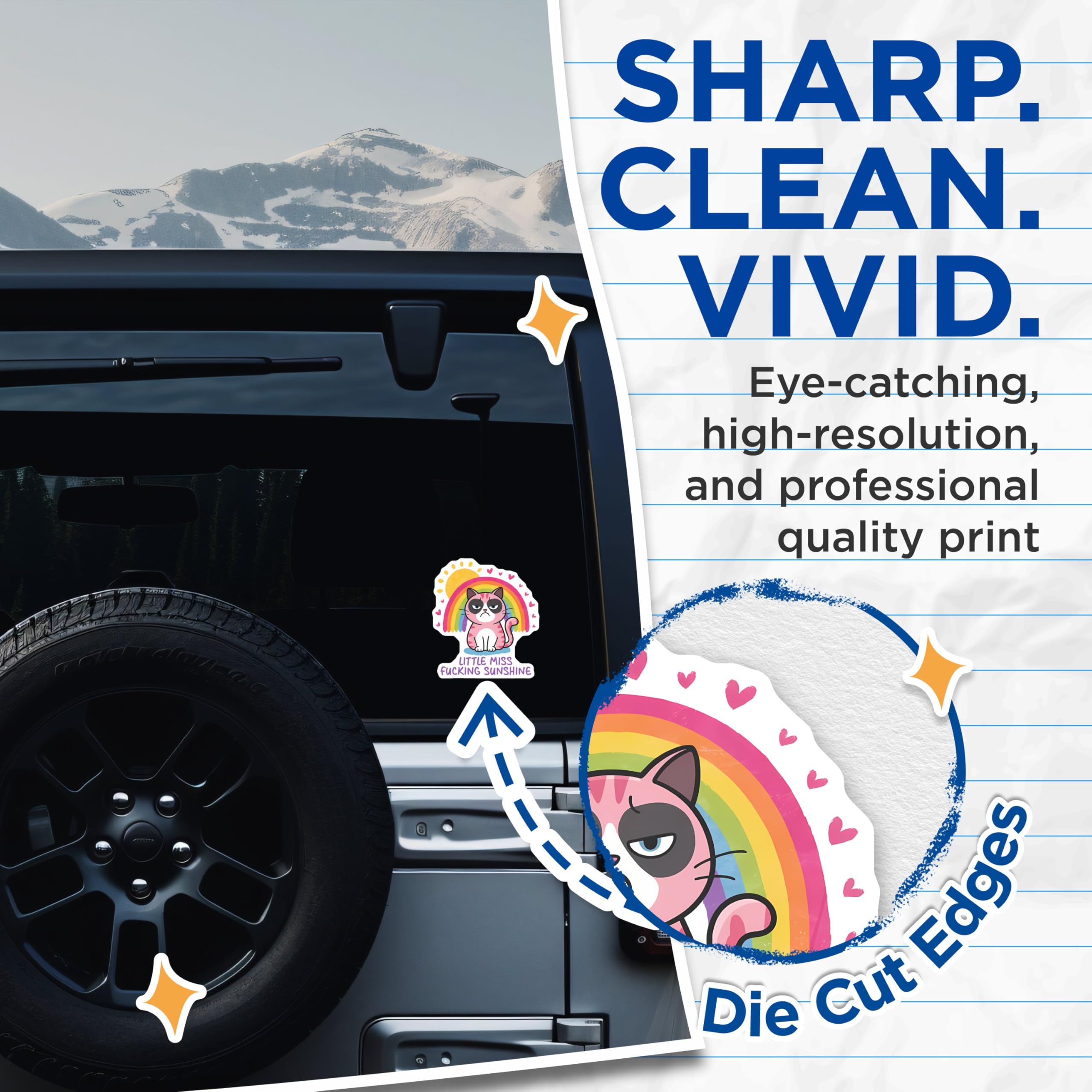(2 Pack) Little Miss Sunshine Stickers - Grumpy Cat Stickers - Cute Rainbow Stickers - 5" On Longest Side - Sticks to Any Smooth Flat Surface - Made in USA - BMCS3309