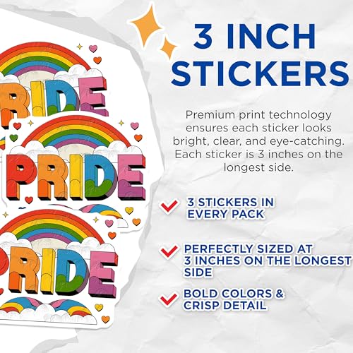 (3 Pack) Pride Rainbow Decals - LGBT Decal - Pride Month Sticker - 3 Inches On Longest Side - Easy Peel & Apply - Made in USA - 3MCS7919