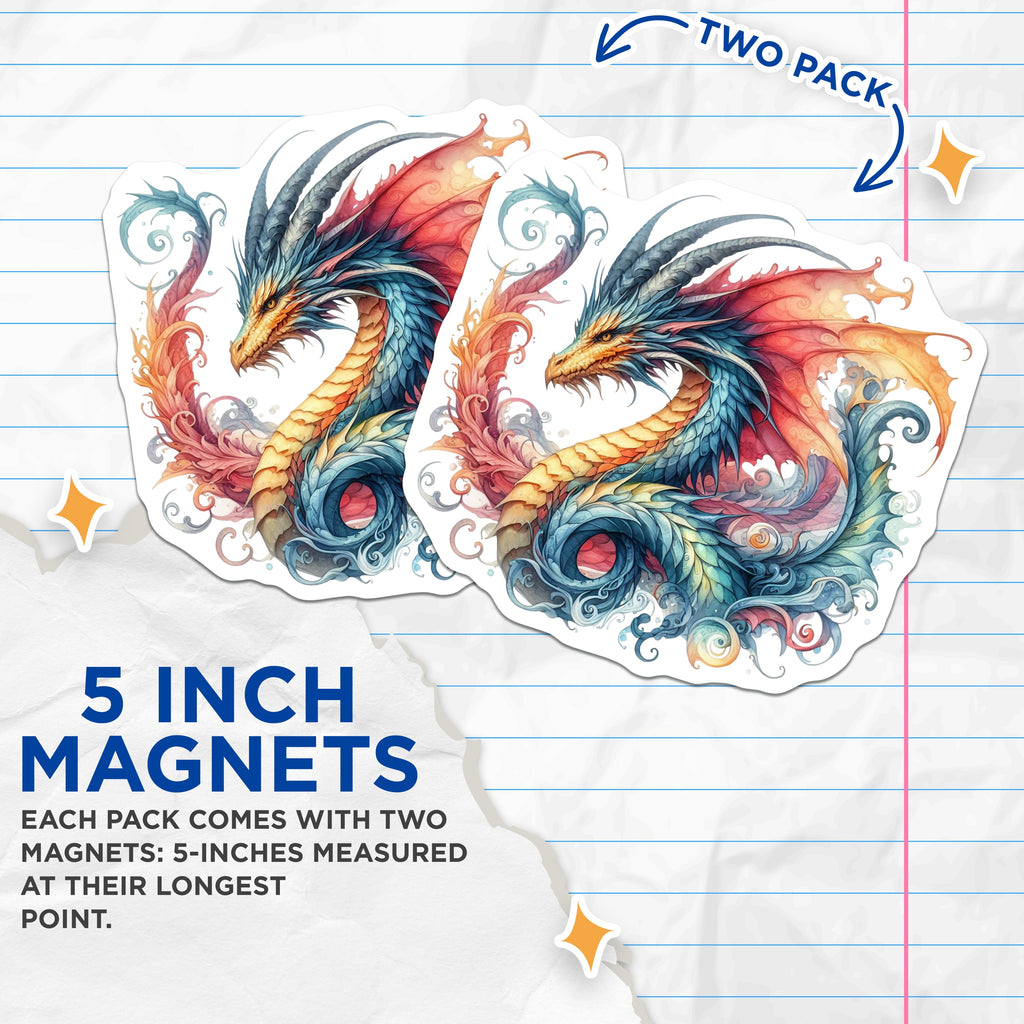 (2 Pack) Majestic Watercolor Dragon Magnets - Fantasy Art Fridge Decor - Mythical Creature Accent - 5 Inches On Longest Side - Thick Durable Magnet - Made in USA - MAG38621