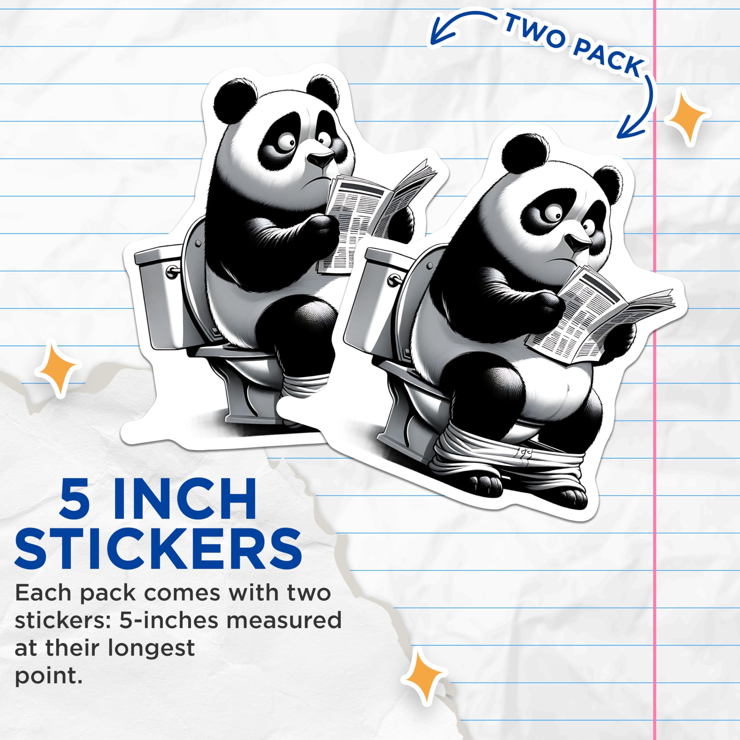 (2 Pack) Panda on Toilet Stickers - Reading Newspaper Panda - Funny Animal Stickers - 5" On Longest Side - Sticks to Smooth Flat Surfaces - Made in USA - BMCS15355