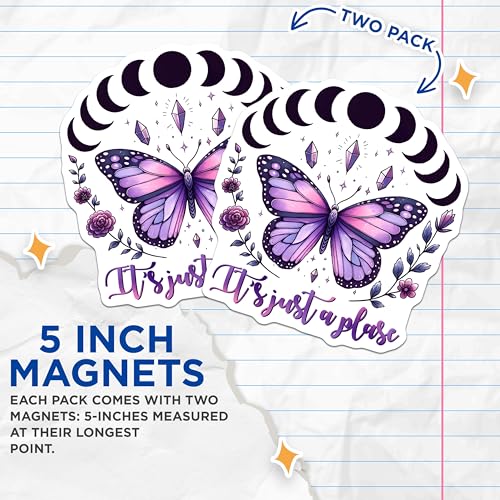 (2 Pack) Butterfly Moon Phase Magnets - Spiritual Decor - Magical Crystal Art - 5" On Longest Side - for Cars, Fridges, Toolboxes - Made in USA - MAG8070