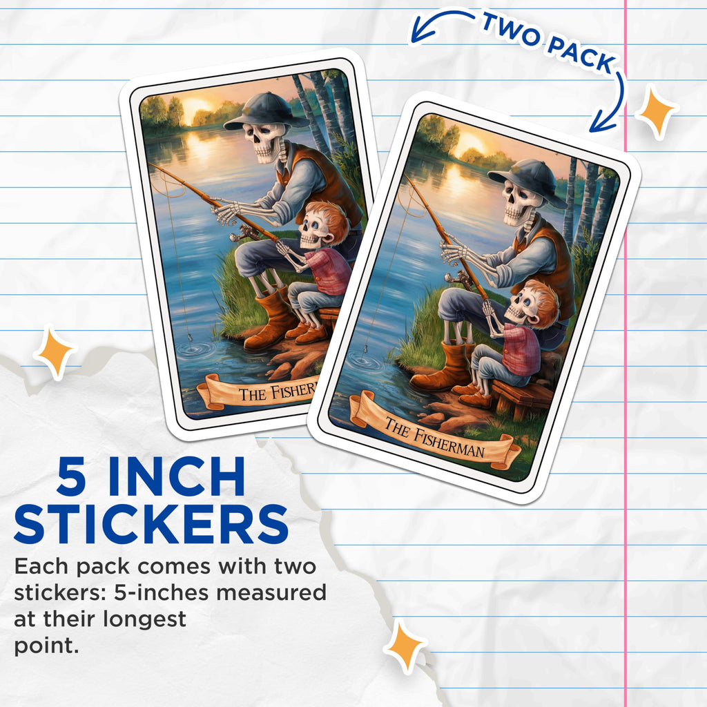 (2 Pack) The Fisherman Stickers - Skeleton Art Stickers - Fishing Skeleton Stickers for Water Bottles, Laptops - 5" On Longest Side - Sticks to Smooth Flat Surfaces - Made in USA - BMCS4457