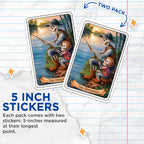 (2 Pack) The Fisherman Stickers - Skeleton Art Stickers - Fishing Skeleton Stickers for Water Bottles, Laptops - 5" On Longest Side - Sticks to Smooth Flat Surfaces - Made in USA - BMCS4457