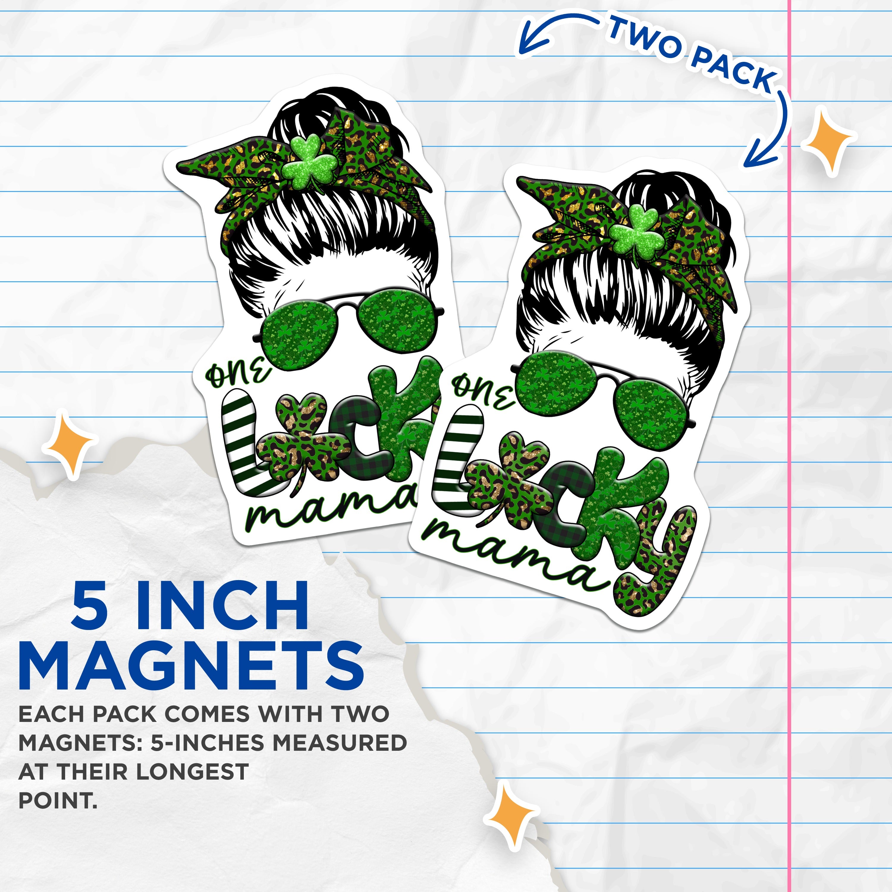 (2 Pack) Lucky Mama Magnets - St Patricks Day Messy Bun - Shamrock Leopard Print Decor Refrigerator - 5 Inches On Longest Side - Thick Durable Magnet - Made in USA - MAG38033