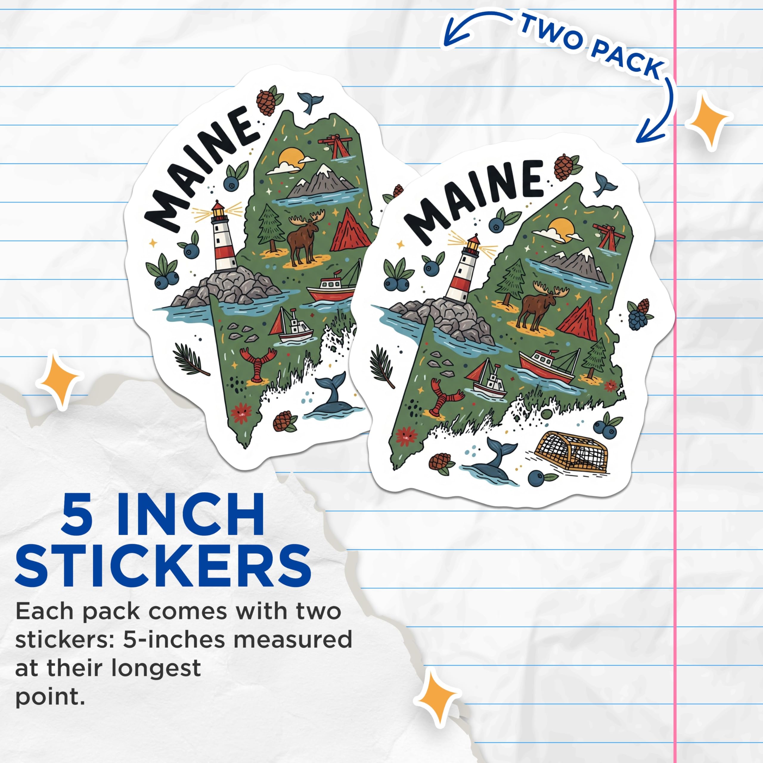 (2 Pack) Maine Stickers - State Map - New England Travel Decal - 5" On Longest Side - Sticks to Smooth Flat Surfaces - Made in USA - BMCS14975
